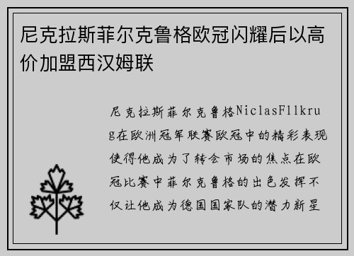 尼克拉斯菲尔克鲁格欧冠闪耀后以高价加盟西汉姆联 尼克拉斯菲尔克鲁格欧冠闪耀后以高价加盟西汉姆联